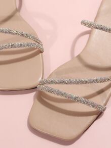 Women's Fashion Crystal Embellished Flat Strap Slide Sandals, Versatile For Beach, Date, Hangout, Party, Commute, Business - Apricot - View 7