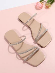 Women's Fashion Crystal Embellished Flat Strap Slide Sandals, Versatile For Beach, Date, Hangout, Party, Commute, Business - Apricot - View 8
