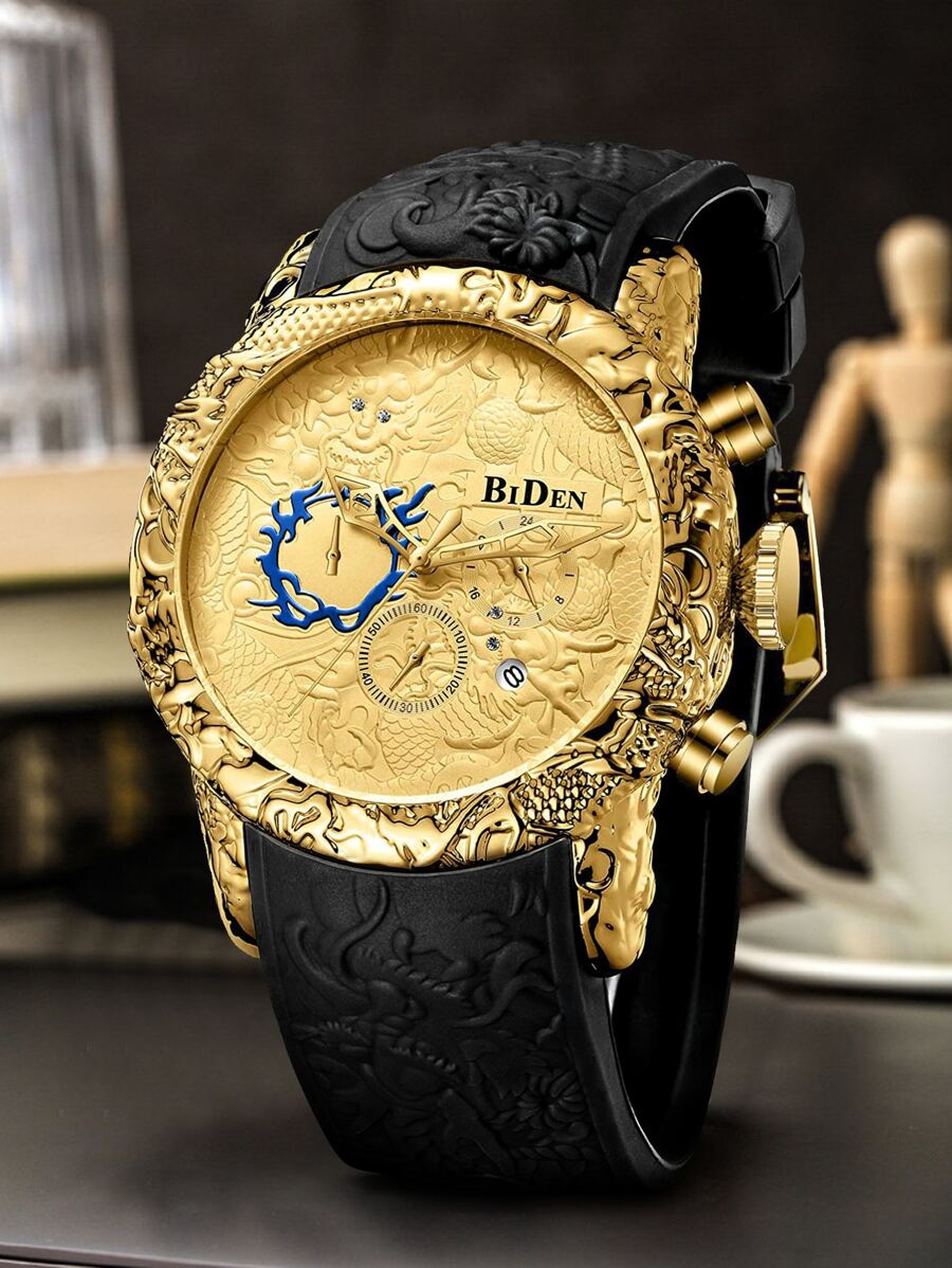 BIDEN 1pc Men's Large Dial Wrist Watch, Military Chronograph 3D Dragon Engraved Waterproof Sports Watch, Elegant Gift For Men