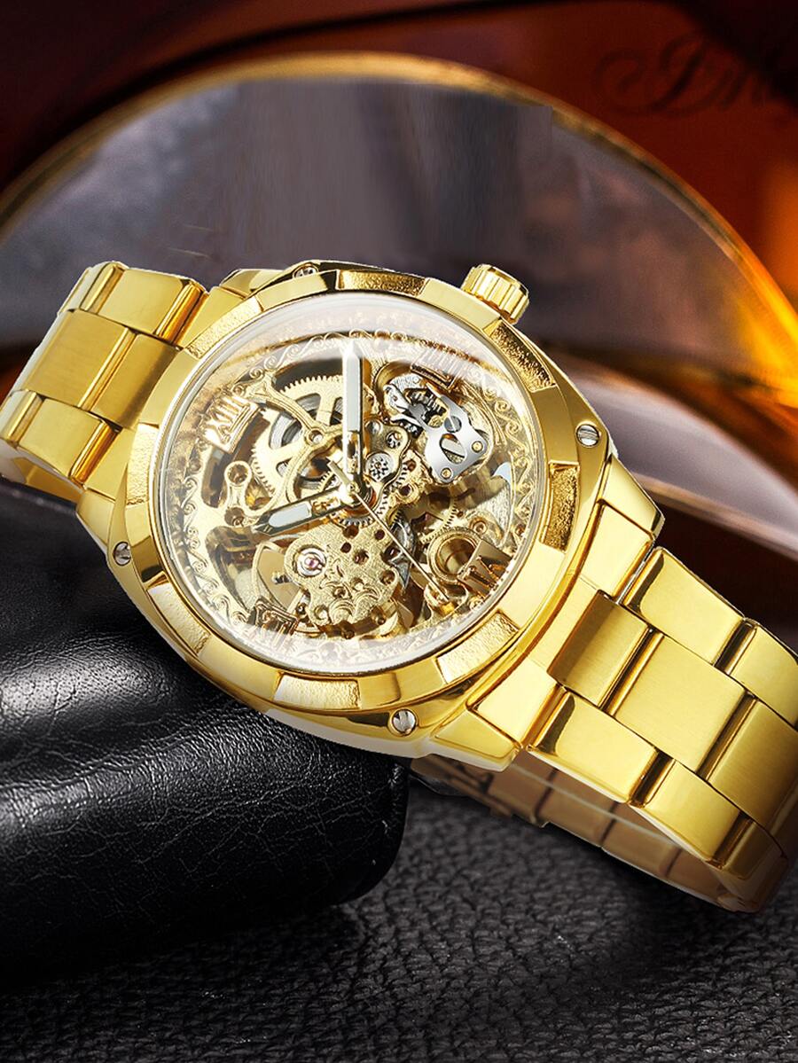 Men Skeleton Mechanical Watch - Gold - View 1