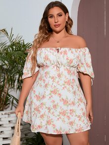 PARTHEA Plus Floral Print Knot Front Ruched Bust Puff Sleeve Dress - Pink - View 4