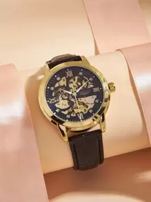 LONGLUX Hombres Reloj mecánico con diseño de diamante de imitación con abertura - Negro - Ver 1