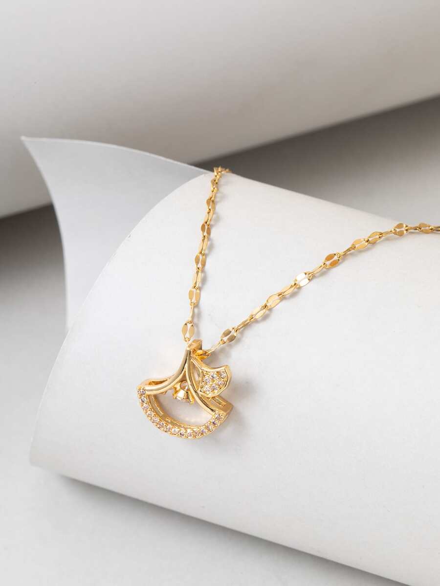 方晶鋯石裝飾銀杏葉吊墜項鏈 - 金黃色 - 查看 1