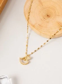 方晶鋯石裝飾銀杏葉吊墜項鏈 - 金黃色 - 查看 2