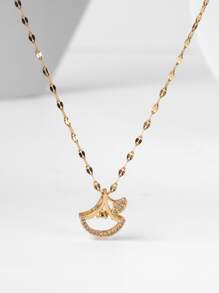 方晶鋯石裝飾銀杏葉吊墜項鏈 - 金黃色 - 查看 5