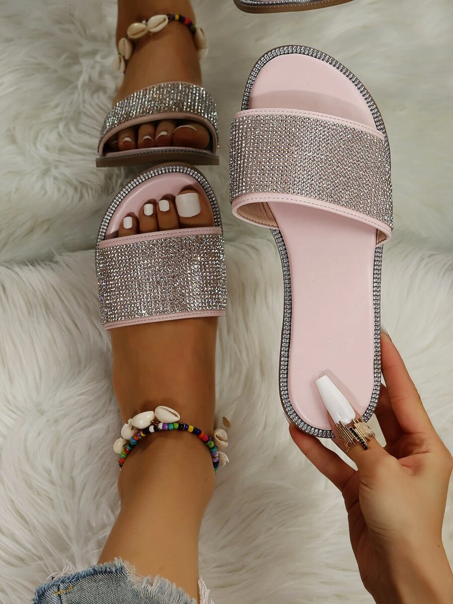 Women Rhinestone Decor Slide Sandals, Glamorous Summer Flat Sandals - Pink - View 1
