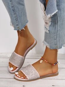 Women Rhinestone Decor Slide Sandals, Glamorous Summer Flat Sandals - Pink - View 2