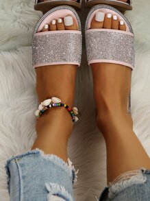 Women Rhinestone Decor Slide Sandals, Glamorous Summer Flat Sandals - Pink - View 3