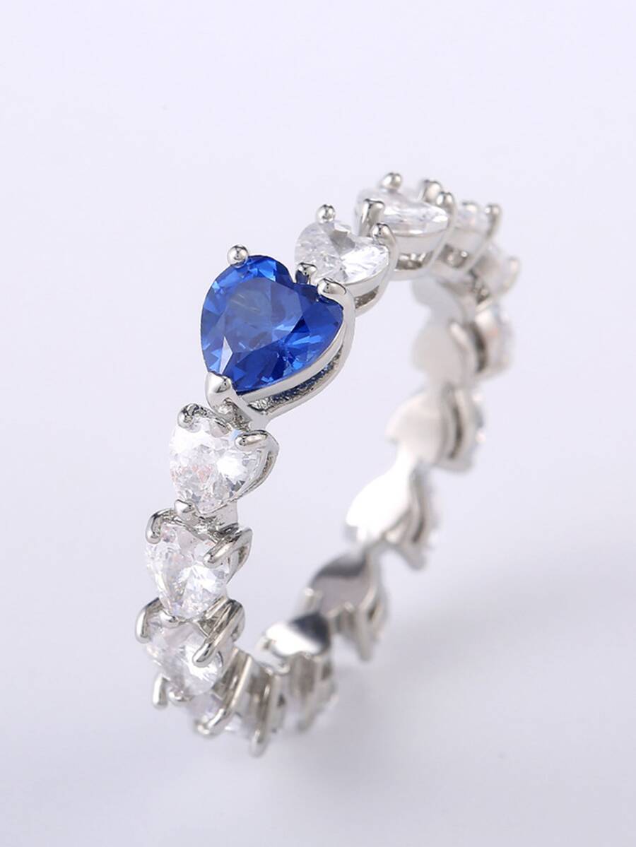 Cubic Zirconia Heart Decor Ring - Blue - View 1