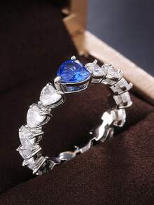 Cubic Zirconia Heart Decor Ring - Blue - View 2