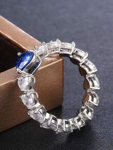 Cubic Zirconia Heart Decor Ring - Blue - View 3