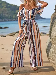 SHEIN VCAY Áo liền quần nữ Thắt lưng Xù Sọc Giải trí - Nhiều màu - Xem 2