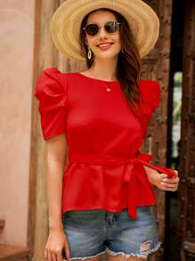 SHEIN VCAY 泡泡袖腰帶襯衫