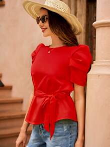 SHEIN VCAY 泡泡袖腰帶襯衫