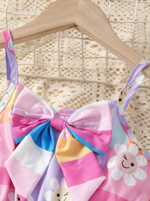 Toddler Girls Colourblock Cartoon Graphic Bow Front Ruffle Hem Cami Romper - Multicolor - View 6