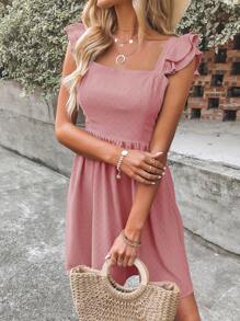 Breezaya Solid Tie Backless Ruffle Trim Dress - Pink - View 4