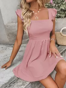 Breezaya Solid Tie Backless Ruffle Trim Dress - Pink - View 6