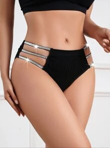 MidnightGlam 鏤空金屬亮絲側邊織帶內褲 - 黑色 - 查看 3