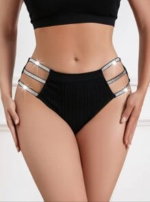 MidnightGlam 鏤空金屬亮絲側邊織帶內褲 - 黑色 - 查看 4