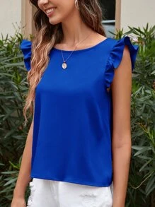 SHEIN VCAY Solid Ruffle Trim Bow Backless Blouse - Royal Blue - View 4