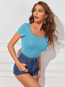 SHEIN Essnce Áo thun nữ màu trơn Giải trí - Màu xanh lam - Xem 5