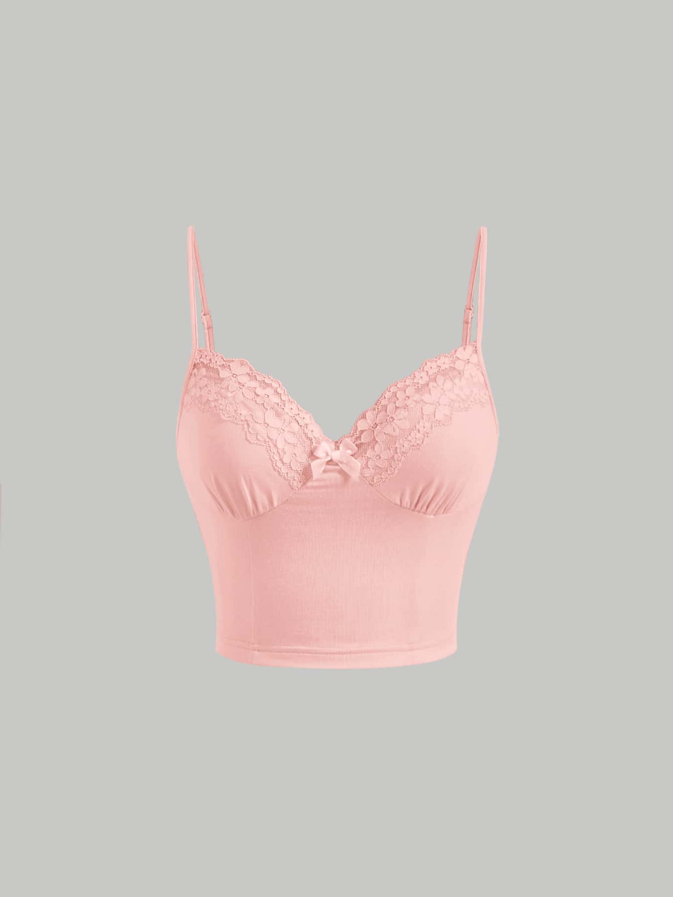 SHEIN MOD Áo khoác và áo lót dành cho xe tăng nữ Nơ Bướm Tương phản ren Gân đan màu trơn Giải trí - Màu Hồng baby - Xem 1