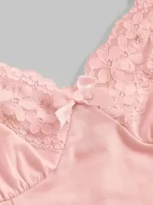 SHEIN MOD Áo khoác và áo lót dành cho xe tăng nữ Nơ Bướm Tương phản ren Gân đan màu trơn Giải trí - Màu Hồng baby - Xem 4
