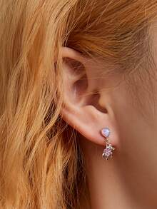 1對紫色方晶鋯石裝飾迷人心和熊耳釘適合女士純銀白色精細首飾類日常穿著禮物