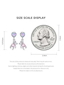 1對紫色方晶鋯石裝飾迷人心和熊耳釘適合女士純銀白色精細首飾類日常穿著禮物