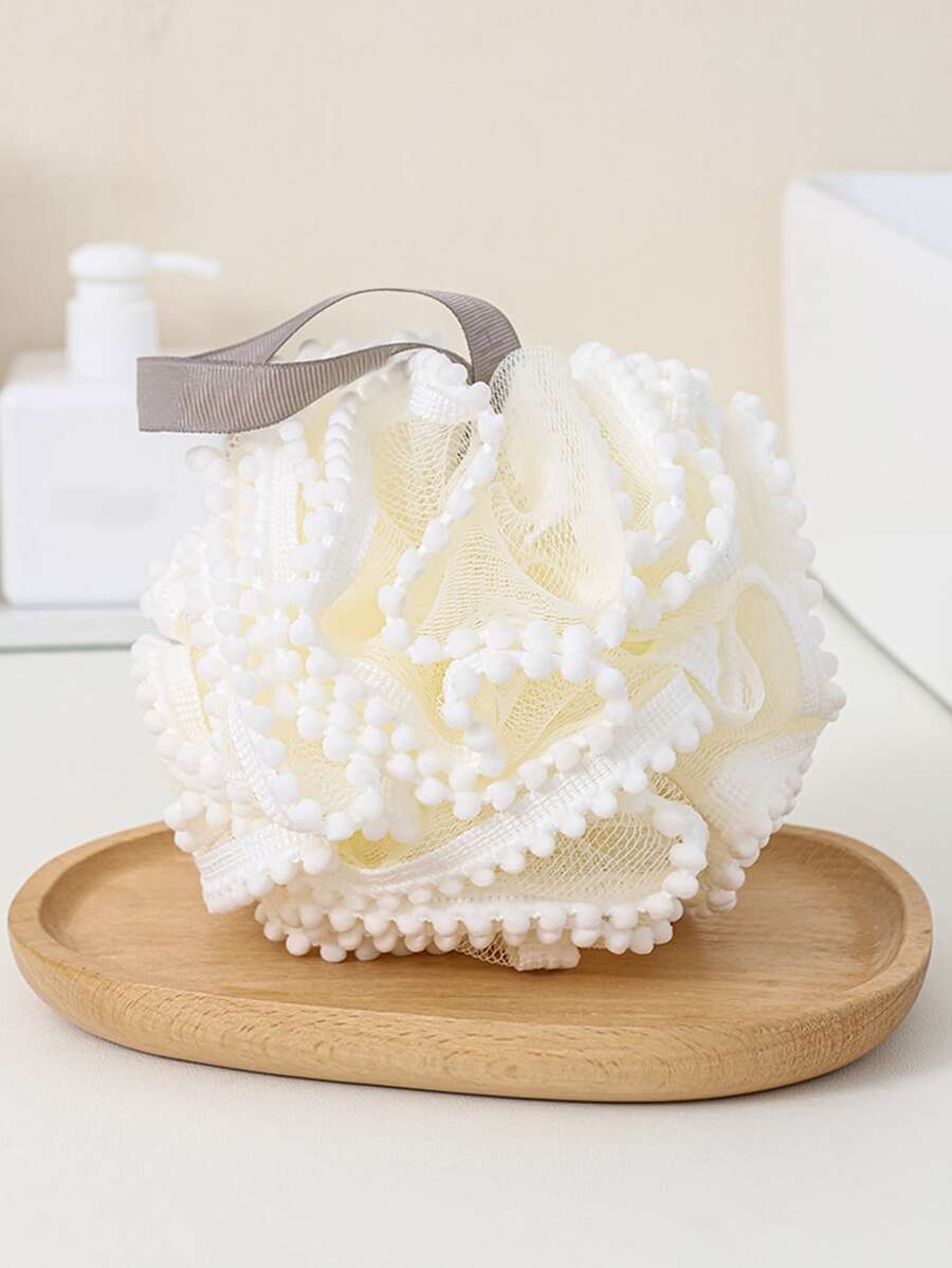 1pc Pom Pom Decor Foaming Bath Ball, Modern PE Shower Loofah For Home - White - View 1