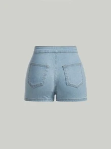 SHEIN Teen Girls Solid Denim Shorts - Light Wash - View 2