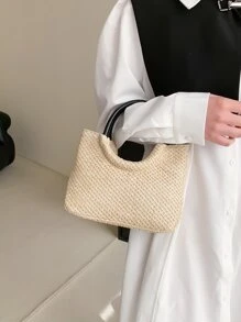 極簡草編包雙把手適用於夏天 - 米色 - 查看 2