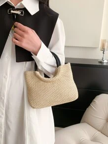 極簡草編包雙把手適用於夏天 - 米色 - 查看 5