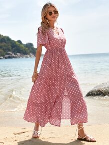 SHEIN VCAY Polka Dot Print Ruffle Hem Dress - Dusty Pink - View 2