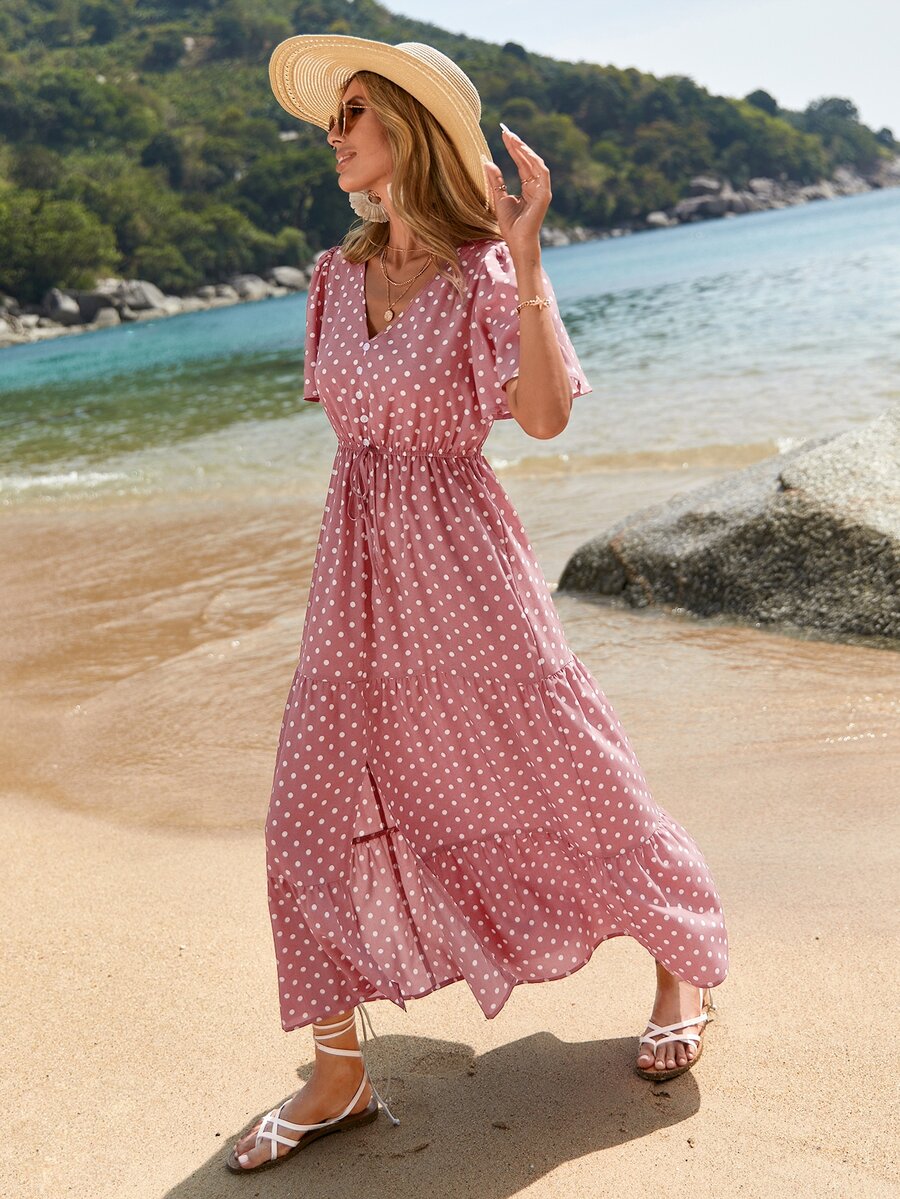 SHEIN VCAY Polka Dot Print Ruffle Hem Dress - Dusty Pink - View 1