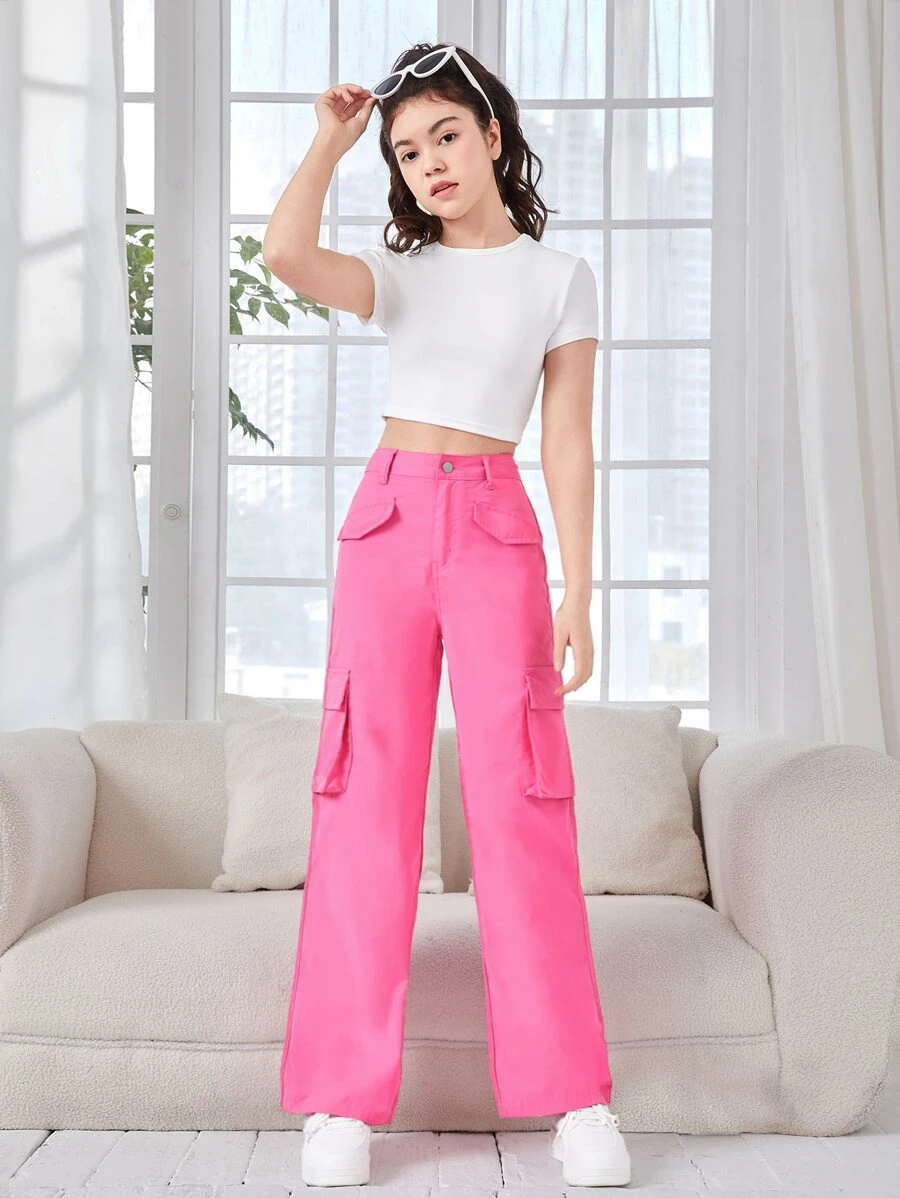 SHEIN 少女實色休閒直筒工作褲 - 粉色 - 查看 1