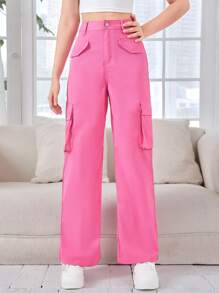 SHEIN 少女實色休閒直筒工作褲 - 粉色 - 查看 3