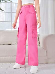SHEIN 少女實色休閒直筒工作褲 - 粉色 - 查看 5