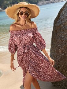 SHEIN VCAY Ditsy Floral Print Off Shoulder Belted Wrap Hem Dress - Multicolor - View 6