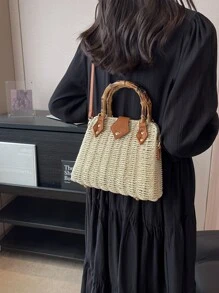 鉚釘裝飾草編包竹節設計雙把手,完美適合夏天海灘旅行度假 - 米色 - 查看 7