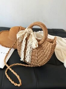 Geantă mică de paie ușoară, portabilă, eșarfă subțire, decor cu șnur, mâner dublu, pentru fete adolescente, femei, studenți, perfecte pentru școală, în aer liber, călătorii, ieșiri, geantă de mână, geantă de umăr școala elementară, gimnaziu, liceu, muncă, afaceri, navetă, cumpărături, Sărbători, Geantă Trendy De Răchită, Geantă Trendy Arc Pentru Femei, Geantă De Vacanță La modă Pentru Vară