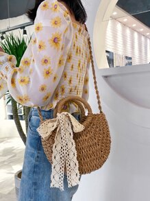 Geantă mică de paie ușoară, portabilă, eșarfă subțire, decor cu șnur, mâner dublu, pentru fete adolescente, femei, studenți, perfecte pentru școală, în aer liber, călătorii, ieșiri, geantă de mână, geantă de umăr școala elementară, gimnaziu, liceu, muncă, afaceri, navetă, cumpărături, Sărbători, Geantă Trendy De Răchită, Geantă Trendy Arc Pentru Femei, Geantă De Vacanță La modă Pentru Vară