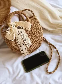 Geantă mică de paie ușoară, portabilă, eșarfă subțire, decor cu șnur, mâner dublu, pentru fete adolescente, femei, studenți, perfecte pentru școală, în aer liber, călătorii, ieșiri, geantă de mână, geantă de umăr școala elementară, gimnaziu, liceu, muncă, afaceri, navetă, cumpărături, Sărbători, Geantă Trendy De Răchită, Geantă Trendy Arc Pentru Femei, Geantă De Vacanță La modă Pentru Vară