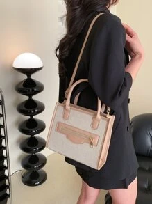 Túi đeo chéo Nữ Khối Màu Đôi tay cầm Giải trí - Màu Khaki - Xem 8