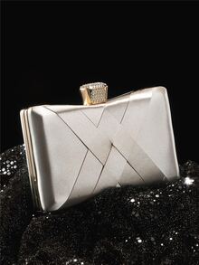 Mini Box Bag Glamorous Rhinestone Decor Braided Detail Chain Satin For Party, Perfect Bride Purse For Wedding, Prom & Party Events - Gold - View 3