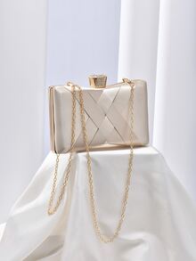 Mini Box Bag Glamorous Rhinestone Decor Braided Detail Chain Satin For Party, Perfect Bride Purse For Wedding, Prom & Party Events - Gold - View 7