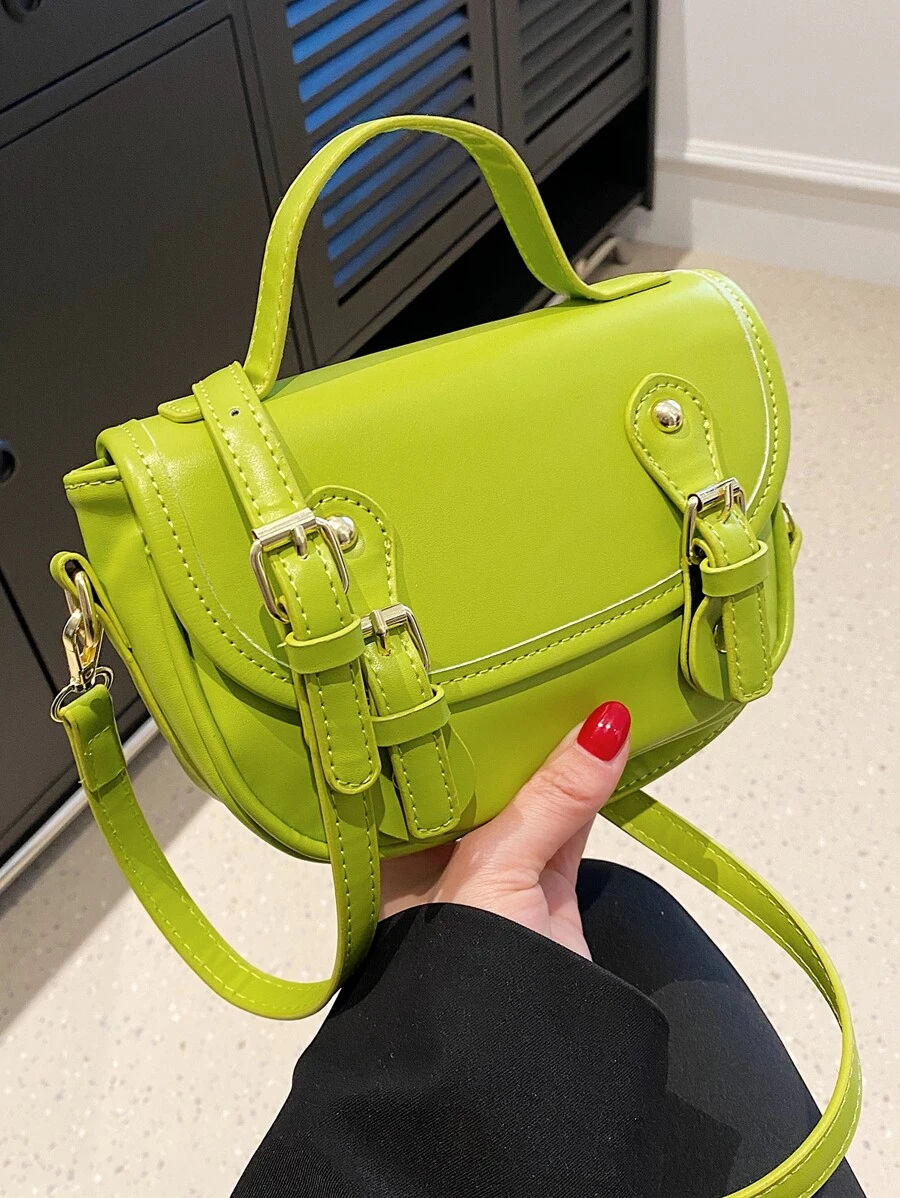 小型馬鞍包時髦霓虹綠搭扣裝飾翻蓋PU適合日常生活 - 綠色 - 查看 1