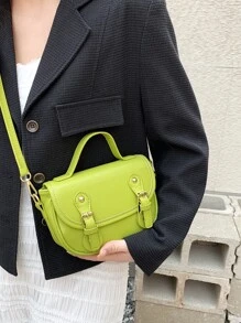 小型馬鞍包時髦霓虹綠搭扣裝飾翻蓋PU適合日常生活 - 綠色 - 查看 2