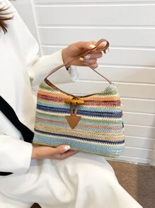 度假草編包塊狀條紋拉鍊適用於夏天 - 彩色 - 查看 1