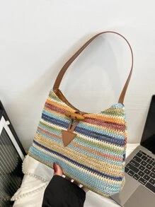 度假草編包塊狀條紋拉鍊適用於夏天 - 彩色 - 查看 7